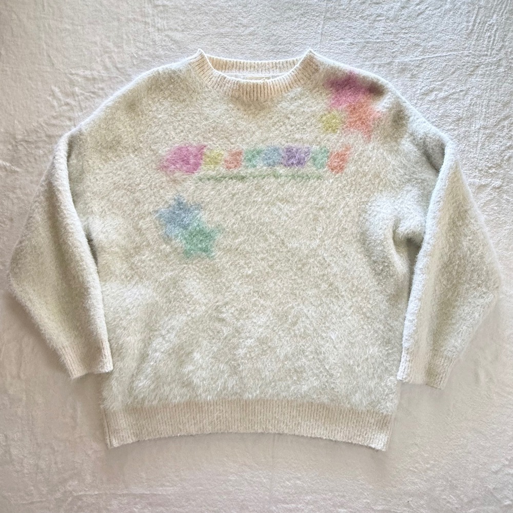 The Unavowed Fuzzy Pastel Star Knit Sweater Cream Large Indie Ethereal Soft Girl